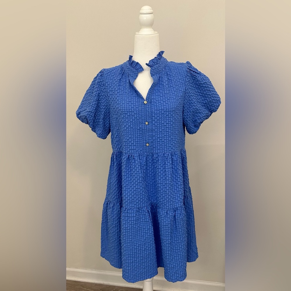 Blue Textured Short Sleeve Dress